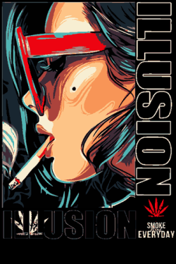 Vector de persona fumando con gafas rojas, efecto psicodélico naranja/cian, texto 'ILLUSION' vertical, hoja de cannabis